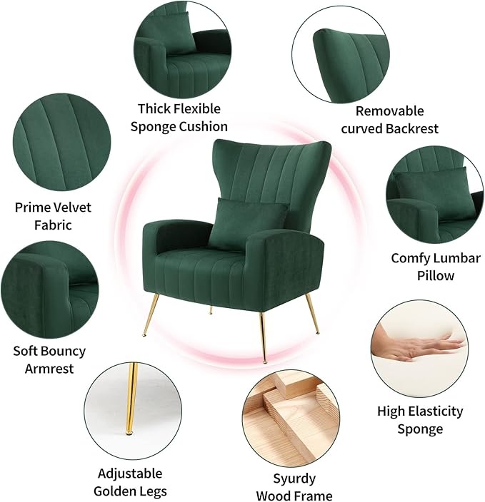X-VOLSPORT Velvet Accent Chairs Set of 2, Mid Century Modern High Back Living Room Chair with Waist Pillow, Upholstered Arm Chair with Metal Gold Legs for Bedroom, Club, Green