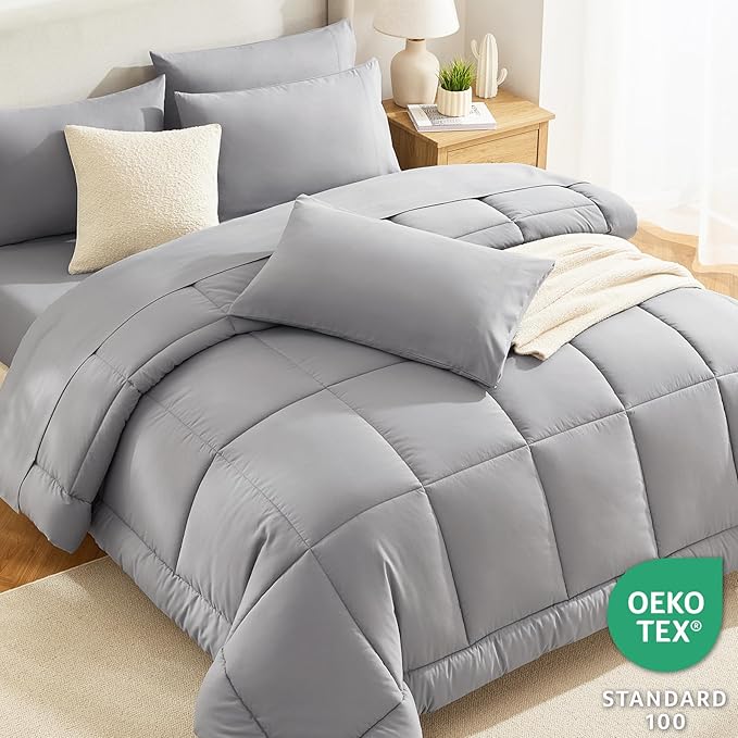 CozyLux Queen Comforter Set Grey, 7 Pieces Bed in a Bag, Gray Comforter Queen Size, All Season Bedding Sets with Stitch Quilted Comforter, Flat Sheet, Fitted Sheet, Pillowcases