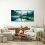 Tinonedraw Large Nature Forest Framed Canvas Wall Art, Boho Mountain Calming Lake Wall Decor, Olive Green Pine Trees Artwork, Northern Wilderness Art Painting for Living Room Bedroom Office 20"x40"