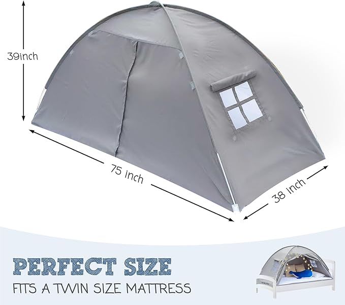 Gray Twin Bed Tent for Kids Indoor Fort - Magical Dream Tents for Boys Pop Up Toddler Bed Canopy for Girls Bunk Bed Tent for Top Bunk - Sensory Sleep Pod for Kids Educational