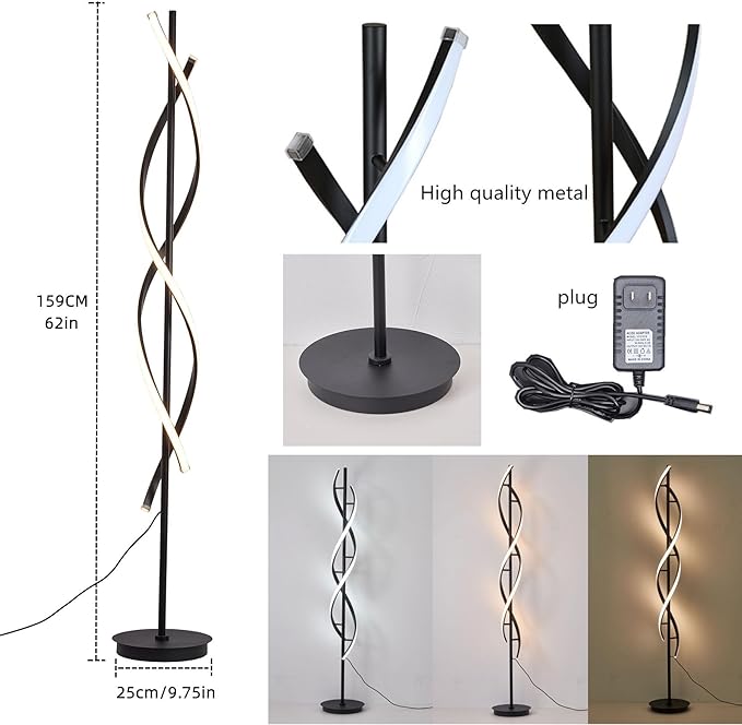 NKU Spiral Floor Lamp for Living Room Modern LED Floor Light with Remote Dimmable Control Sleek Spiral Design Corner Lamp for Bedroom, and Office Lighting Tall Standing Floor Lamp Black 63 inch