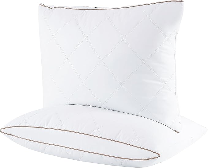 UNIKOME Natural Goose Feathers and Down Pillow - Queen Size Set of 2, Medium Firm Pillow with 100% Cotton Cover, Gussted & Quilting Design Hotel Collection Bed Pillows for Back, Stomach, Side Sleeping