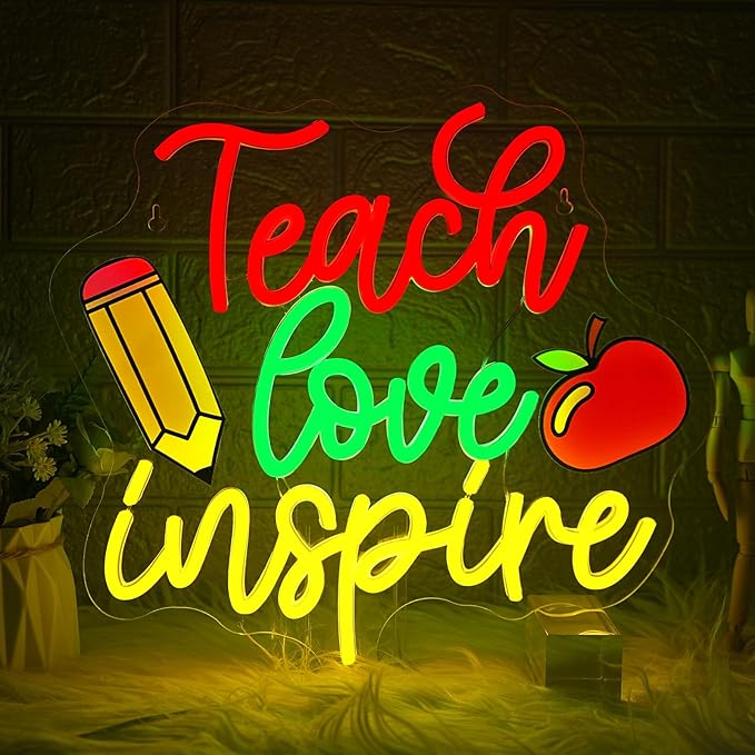 WLHOPE Teach Love Inspire Neon Sign Dimmable Led Signs for classroom Wall Decor Neon Lights USB Powered Acrylic Board Sign for study room bedroom teacher's day kids gift Decoration12.6 * 14.17 inch