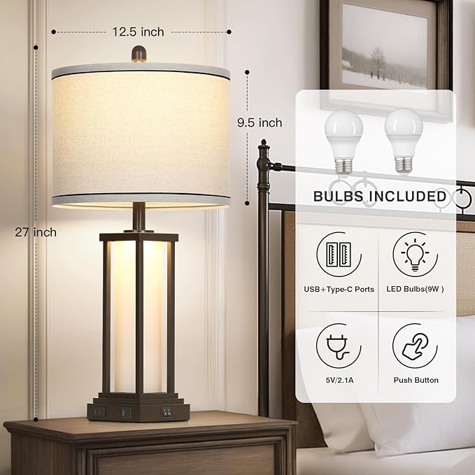 27" Tall Vintage Table Lamps with USB C+A & Outlet,Brown End Table Lamp Set of 2 for Living Room,Rustic Bedside Lamps with Frosted Glass Night Light for Bedroom Nightstand,Oil-Rubbed Bronze
