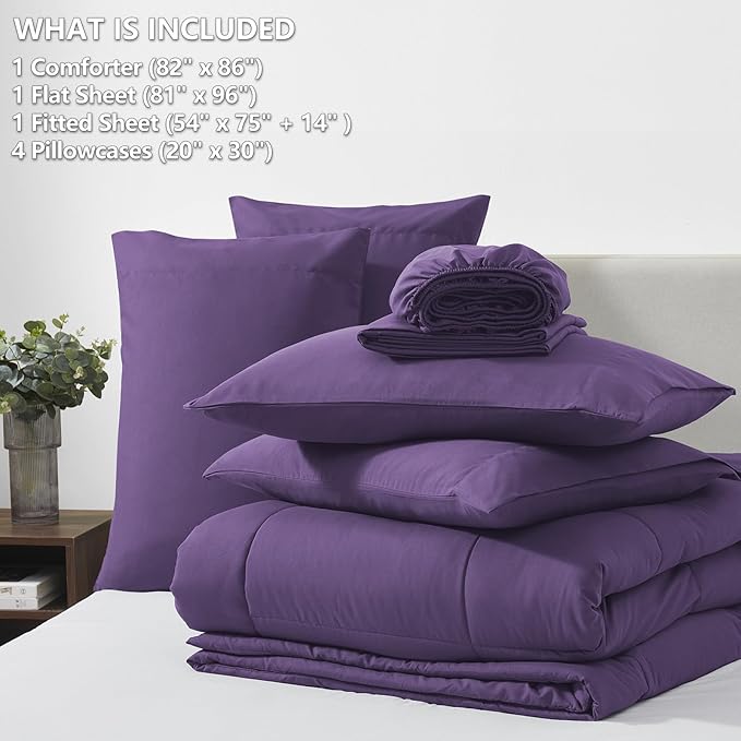 CozyLux Full Size Comforter Sets Purple, 7 Pieces Bed in a Bag, Purple Comforter Full Size, All Season Bedding Sets with Stitch Quilted Comforter, Flat Sheet, Fitted Sheet, Pillowcases