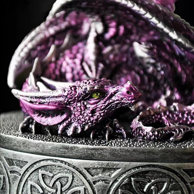 Dragon Statue Jewelry Box - Medieval Fantasy Myth with Cover Treasure Box, Dragon Statue Decoration Collection Gift Box (Purple)