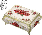 ELLDOO Vintage Music Box, Beige Metal Musical Jewelry Box Keepsake Box, Small Trinket Jewelry Storage Box Gift for Girl Women (Tune: You are My Sunshine), Red Rose Pattern