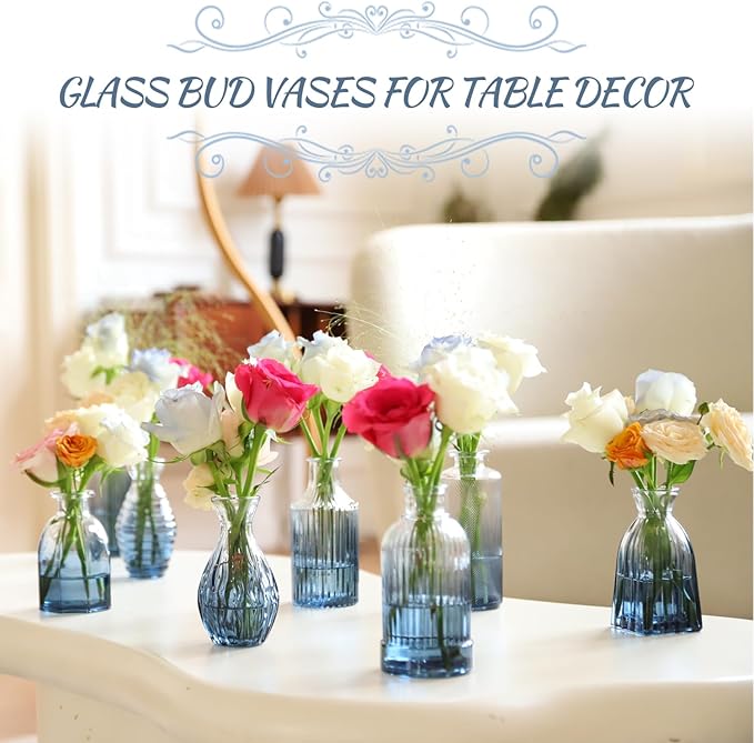 Bud Vases Set of 12, Gradient Blue Glass Vase Vintage Flower Vase for Decor Ribbed Small Bud Vases in Bulk Cute Wedding Birthday Party Centerpieces Table Decoration Home Decor