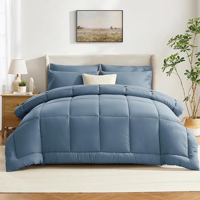 CozyLux King Size Comforter Set Mineral Blue, 7 Pieces Bed in a Bag, Blue Comforter King Size, All Season Bedding Sets with Stitch Quilted Comforter, Flat Sheet, Fitted Sheet, Pillowcases