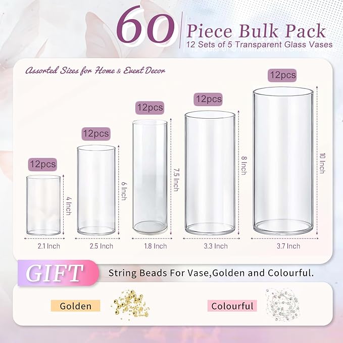 60pcs Glass Vase Cylinder Vases for Centerpieces Small Flower Glass Vases Home Decor Centerpiece Table Clear Flower Vase Decorations for Wedding＆Holiday 4,6,7.5,8,10 Inch Tall