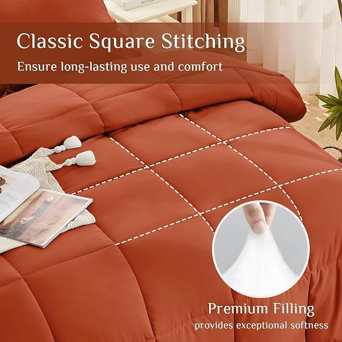 JOLLYVOGUE Full Comforter Set, Ultra-Soft Bed in a Bag Full Size 7 Pieces, Oeko-TEX Certified Bedding Set with Down Alternative Comforter, Sheets, Pillowcases & Shams, Burnt Orange