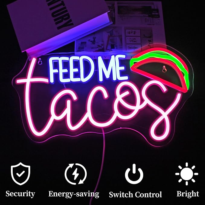 Feed Me Tacos Neon Sign Led Neon Lights Neon Signs for Wall Decor Light Up Sign for Birthday Party Club Gift