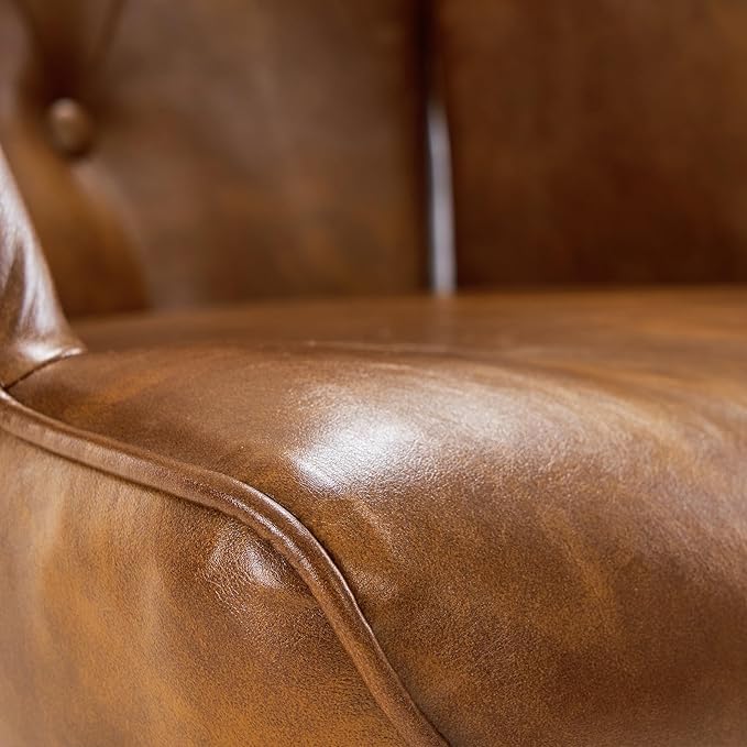 Furnimart Faux Leather Accent Chair Mid Century Modern Living Room Chairs; Comfy Armchair Leisure Vanity Guest Wingback Chair for Office Study Vanity Bedroom Waiting Room PU Yellow Brown