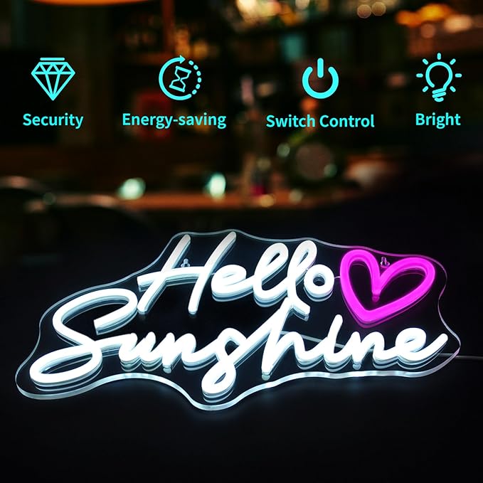 Hello Sunshine Neon Signs for Wall Decor White LED Neon Sign for Room Neon Light Sign for Wall Decor Birthday Party USB Powered
