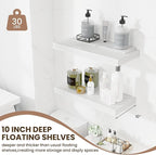 Fun Memories 24 Inch Floating Shelves Wall Mounted, 10 Inch Deep Wall Shelves, 24 x 10 Floating Shelf for Living Room Bathroom Bedroom, White, Set of 2