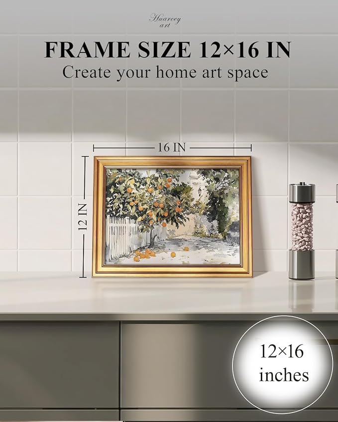 HUARCEY Gold Framed Vintage Wall Art for Living Room Country Orange Trees Earthy Room Decor Aesthetic Oil Painting Wall Picture Farmhouse Canvas Print Artwork for Kitchen Bedroom Bathroom Decor 12x16