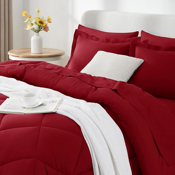 CozyLux King Size Comforter Set Dark Red - 7 Pieces Bed in a Bag King, Luxury Soft Bed Set for All Seasons, Bedding Set with Down Alternative Comforter, Sheets, Pillowcases & Shams