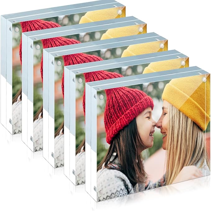 ILYXY 5 Pack Acrylic Frame 8x8, 20% Thicker, 24mm Thick Frameless Clear Square Picture Frame, Double Sided Magnetic Photo Frame, Free Standing Desktop Display Stand Acrylic Picture Frames