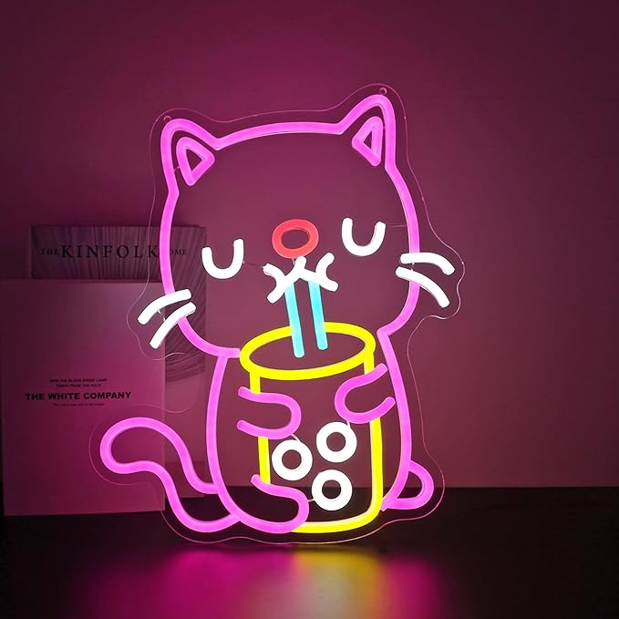 Cat Boba Tea Neon Sign, Neon Signs for Wall Decor Neon LED Signs Room Neon Light Up Signs Home Decor for Bedroom Club Party Bar Shop USB Operated