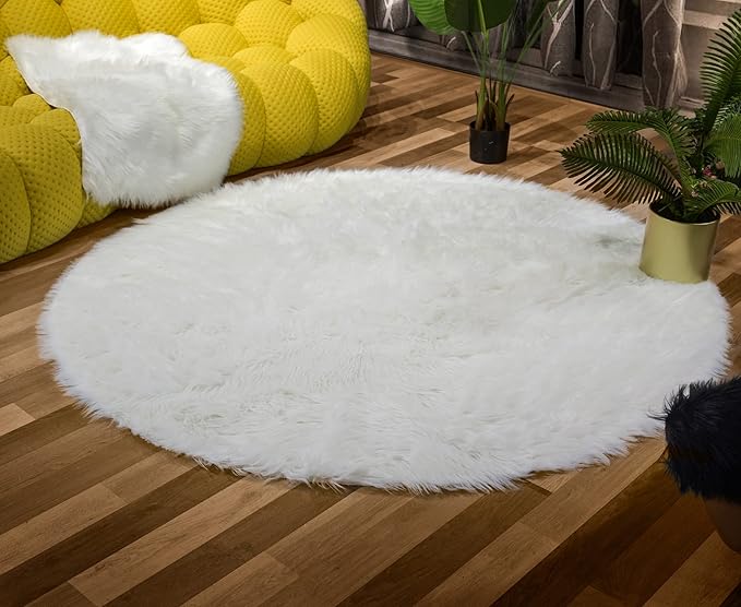 Latepis White Round Rug 6.7 ft, Faux Fur Sheepskin Circle Rug for Living Room, Fluffy Washable Rug for Bedroom, Teen Room, Dorm, Cute Room Décor