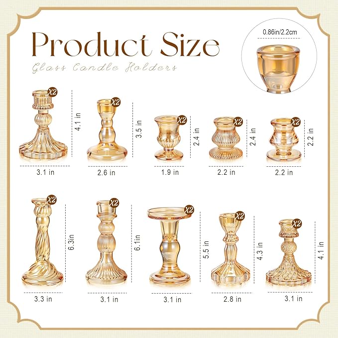 Mumufy 20 Pcs Glass Crystal Taper Candle Holders Clear Glass Candlestick Holder Fit 0.8 Inch Candles Crystal Decorative Candle Stand Centerpiece Table Wedding Dining Party (Gold)