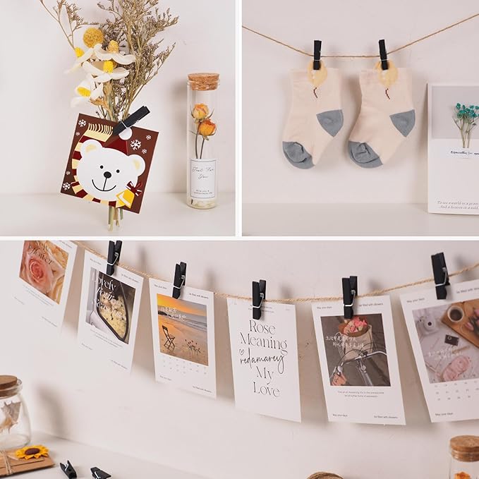 100Pcs Black Clothespins with String, 1.4Inch Wooden Clothes Pins with 328Ft Jute Twine, Mini Photo Display Clips, Black Clips for Hanging Photo, DIY Crafts,Wall Art, Baby Shower