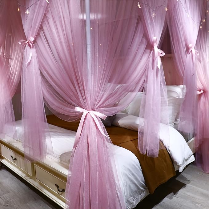 VETHIN 4 Corners Post Princess Bed Canopy Curtain Double Layer Cozy Drape Netting 4 Opening Mosquito Net for Girls & Adults Bedroom Decoration Accessories (Double Pink, 78" W*86" L*82"*H/(King))
