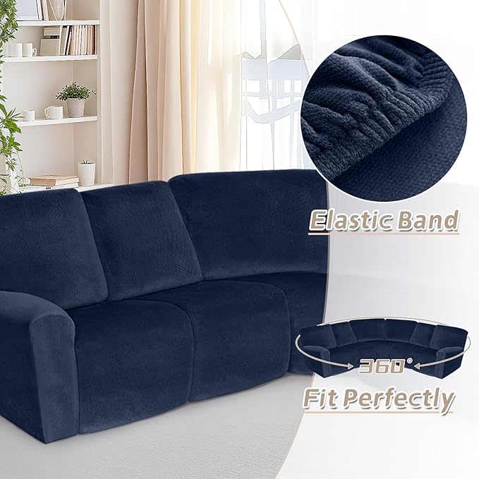 Arfntevss Sectional Recliner Couch Covers Velvet Corner Sectional Sofa Cover for Reclining Couch Stretch Soft L Shape Recliner Slipcover Thick U Shaped Washable Protector (5 Seat Cover, Navy Blue)