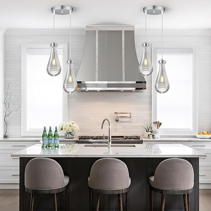 Raindrop Pendant Lights Kitchen Island Teardrop Chrome Hanging Light Fixtures Clear Solid Glass Pendant Light Modern Chandeliers for Dining Room Porch Corridor Living Room(2-Light)