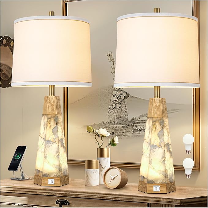 27" Natural Alabaster And Real Wood Table Lamp Set of 2 With Night Light Nightstand Lamps With USB Ports White Linen Fabric Shade Bedside Lamp Decor For Living Room Bedroom Home Office Hotel Bar House