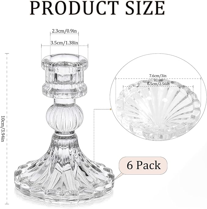 6 Pack Glass Taper Candlestick Holders, Clear Candlestick Holders, 4" H Stripe Crystal Candle Holders Decorative Candle Stand Centerpiece for Wedding, Festival, Dinning Party Table Decor