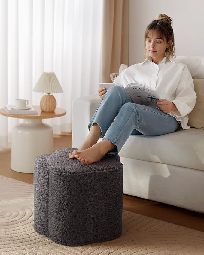 Blissful Diary Flower Pouf Ottoman, Comfy Floral Ottoman for Living Room, Bedroom, Kids Room, Charm Floor Pouf for Home Decor, Full Foam Filling Foot Rest for Couch, Dark Grey