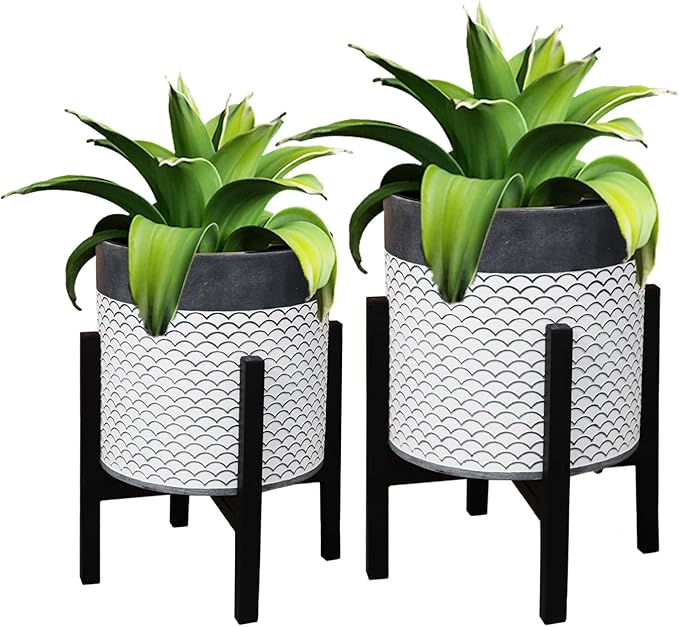 Planter with Stand Set of 2, Mid Century Plant Pots with Metal Legs Indoor, Modern Flower Pots with Drainage Holes, Decorative Garden Pot for Living Room, Office, Garden, or Balcony 10 & 12 inches