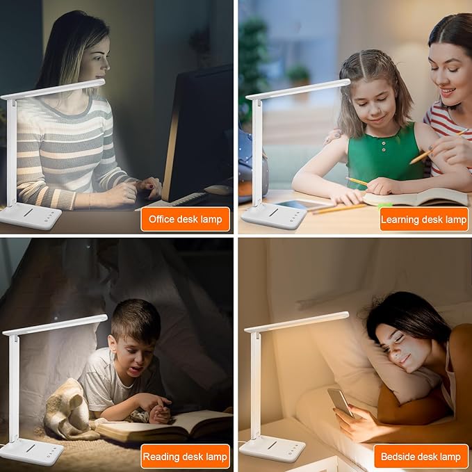 karidi LED Desk Lamp Dimmable Table Lamp with USB Charging Port, 5 Lighting Modes, Sensitive Control, Foldable Portable Desk Light for Home Office Bedroom Reading (White, Standard Size - 13.3 inch)