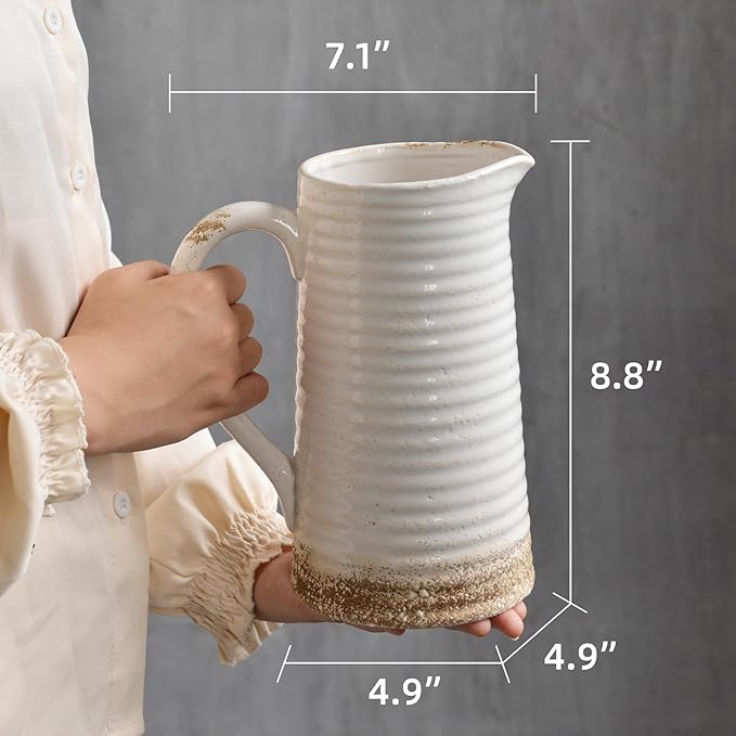 Quoowiit Ceramic Rustic Vase with Handle, White Distressed Decorative Farmhouse Pitcher Vase for Home Decor Living Room Bedroom Kitchen Office Shelf Decor Centerpiece Table Decoration