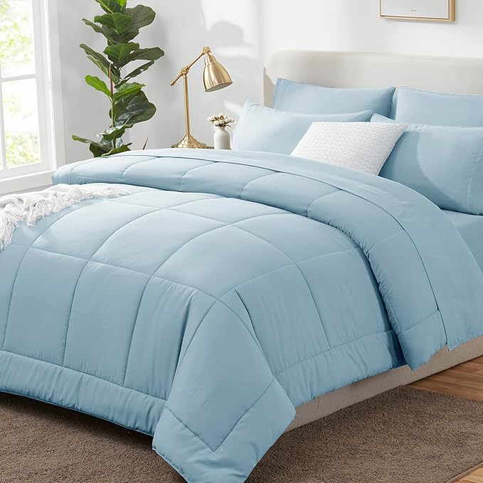 CozyLux Queen Comforter Set Light Blue, 7 Pieces Bed in a Bag, Blue Comforter Queen Size, All Season Bedding Sets with Stitch Quilted Comforter, Flat Sheet, Fitted Sheet, Pillowcases