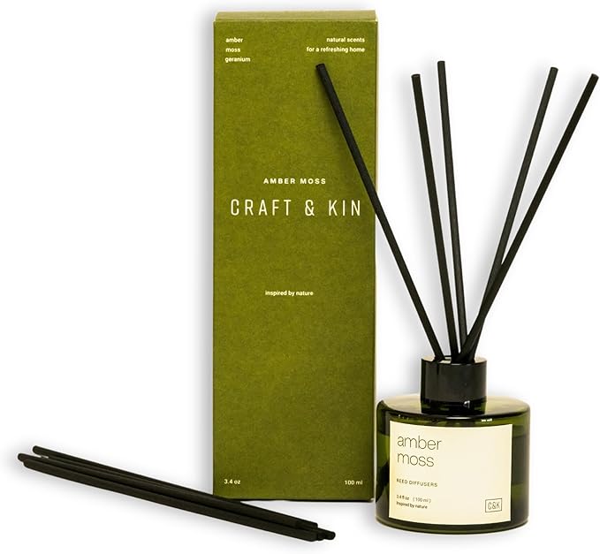 Craft & Kin Amber Moss Reed Diffuser | All Natural Essential Oil & Rattan Scent Sticks | Fall Reed Diffusers for Home, Bathroom | Long Lasting Home Fragrance in Green Glass, 3.4oz