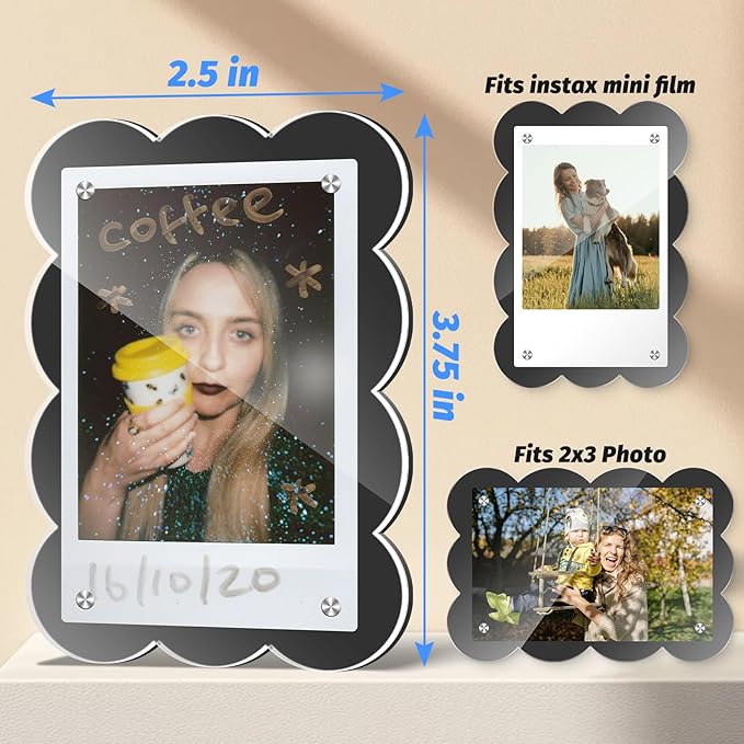 5 Pack Acrylic Polaroid Frame for Refrigerator, Magnetic Wallet Size Picture Frame Fits Mini Instant Film and 2x3 Photo Paper, 2.5x3.75 Magets Frame for Fridge (Scalloped)