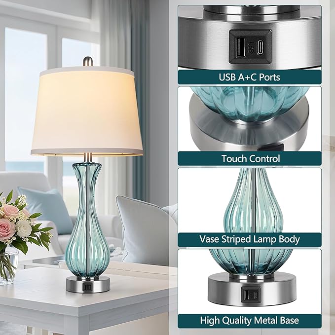 27.5" Coastal Glass Table Lamp Set of 2, 3-way Dimmable Full Touch Control Beach Lamp with USB A+C Port, Glass Nautical Bedside Lamp with White Shade for Living Room Bedroom(LED Bulbs Included)