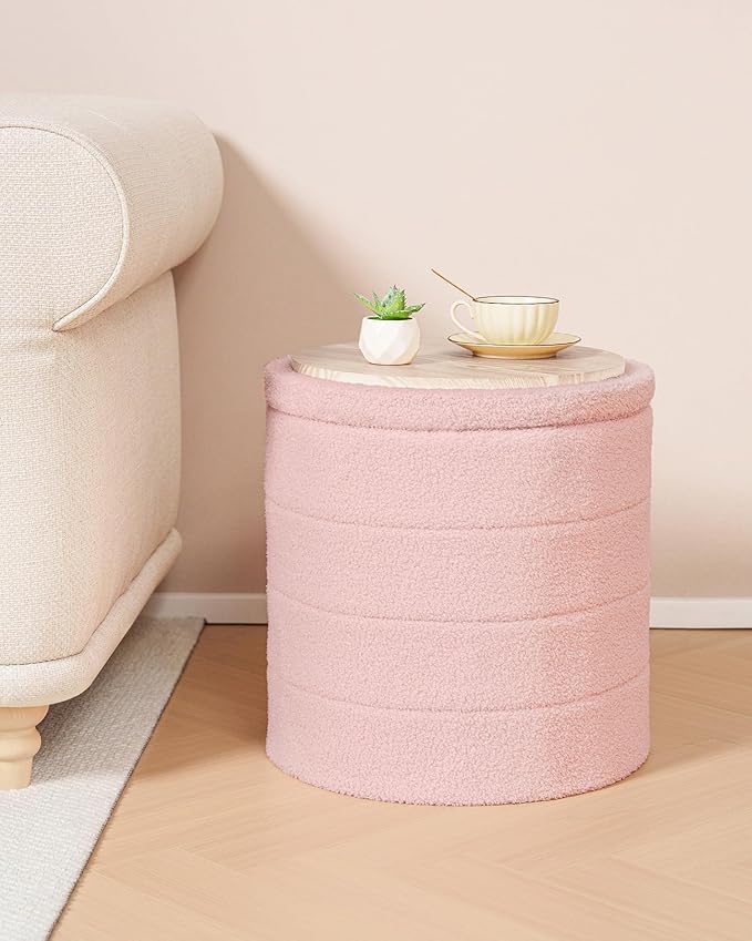 B FSOBEIIALEO Ottoman with Stroage, Round Sherpa Storage Ottoman Stool, Boucle Foot Rest 16.9"x16.9"x17.7"（Pink