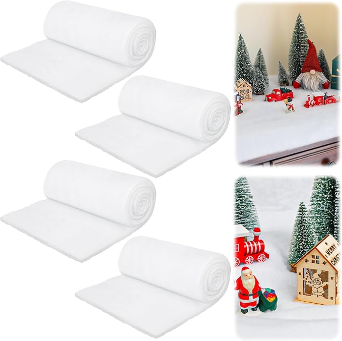 QZYL 4 PCS Snow Blankets, 3×8 FT Thick Xmas Artificial Snow Carpet for Christmas Village Accessories, Christmas Decorations, Fluffy Soft Christmas Blanket for Winter Wonderland Decorations Xmas Tree
