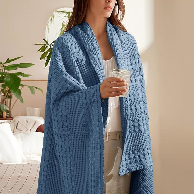 PHF 100% Cotton Waffle Weave Throw Blanket, Soft Lightweight Breathable Cozy Summer Throws for Couch Bed Sofa, Luxury Aesthetic Woven Blanket for Home Decor & Office, 50"x60", Captain's Blue