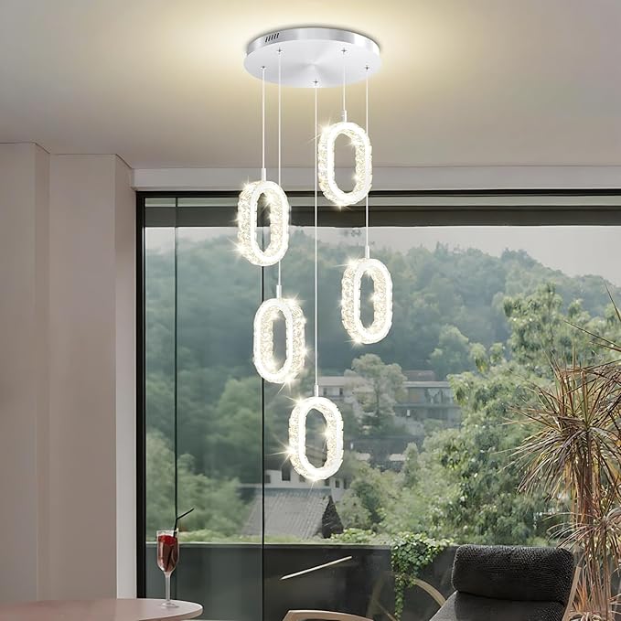 Silver 5-Light Chandelier Pendant Light for Kitchen Island, Dimmable Oval Crystal Ring Chandelier for Dining Room, Hallway, Entryway, Passway, Bedroom, Balcony Living Room