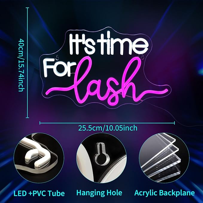 It's Time For Lash Neon Sign, JGHTURIE Led Neon Signs for Wall Decor Pink Light Up Sign for Lash Salon Preppy Girls Beauty Makeup Room Nails Hair Bar Signs Gift USB Powered