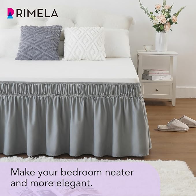 RIMELA Bed Skirt King Size Light Grey Bed Skirt 12 Inch Drop, Wrap Around Elastic Adjustable Bedskirt, Dust Ruffle for Bed Frame & Box Spring Soft Durable Fabric Machine Washable Easy to Install
