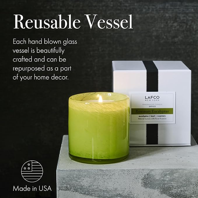 LAFCO New York Classic Candle, Rosemary Eucalyptus - 6.5 oz - 50-Hour Burn Time - Reusable, Hand Blown Glass Vessel - Made in The USA