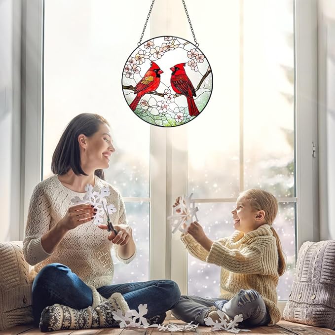 Cardinal Suncatcher Stained Glass Window Hanging - 8” Stained Glass Suncatchers for Windows - Sun Catchers Indoor Window Catcher with Hooks and Chain - Birthday Gifts for Mom Grandma