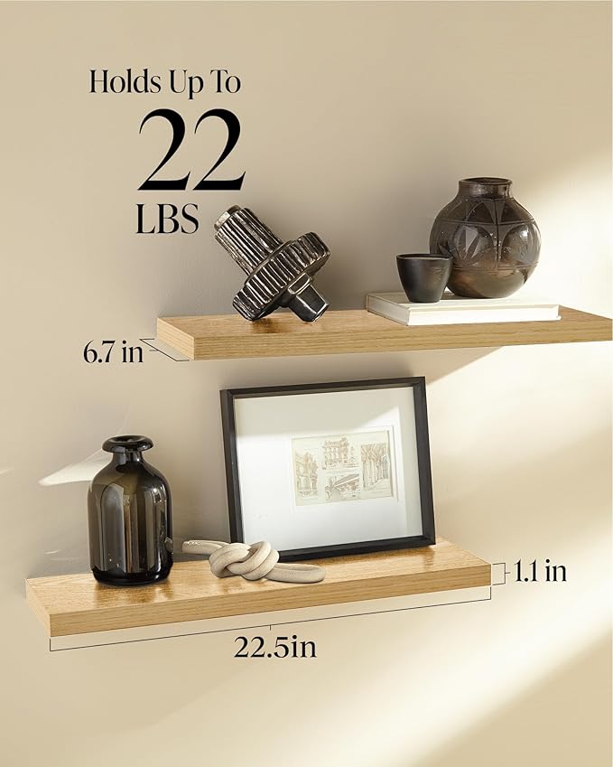 BAYKA Floating Shelves, 22.5" Wall Mounted Wood Shelves for Bathroom, Bedroom, Living Room, Kitchen, Hanging Shelf for Books/Storage/Decor (Oak-Toned,Set of 2)