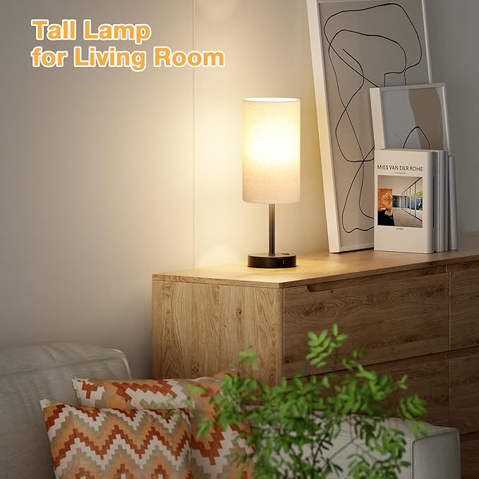 Tall Touch Bedside Table Lamp with USB - 3 Way Dimmable Black Lamps for Bedroom Nightstand, Desk Lamp with Black Charging Station for Dorm, Office, Kids Room