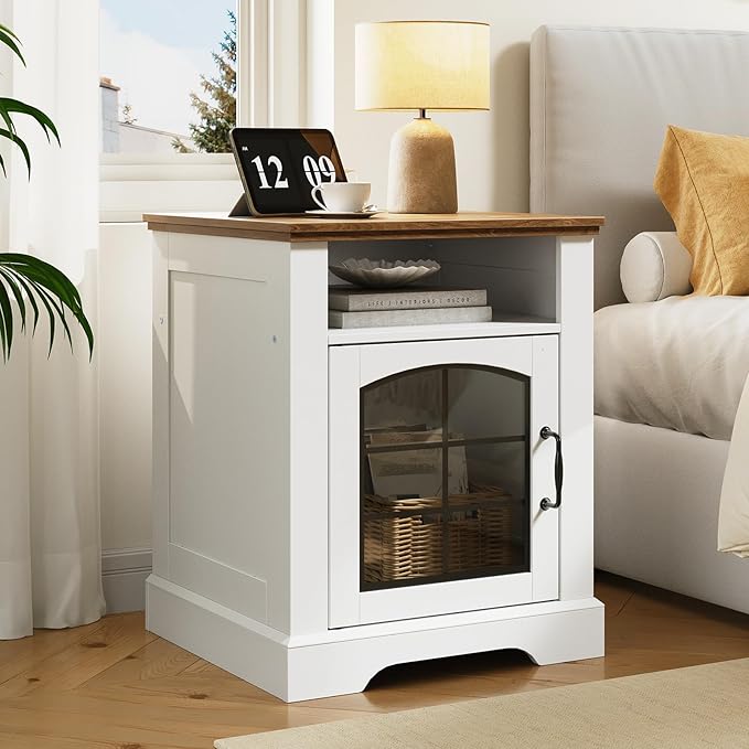 HOOBRO Farmhouse Nightstand Set of 2, with Charging Station, 17.7" Wide Rustic End Tables for Living Room, Wooden Sofa Side Table with Tempered Glass Barn Door and Open Shelf, White and Walnut